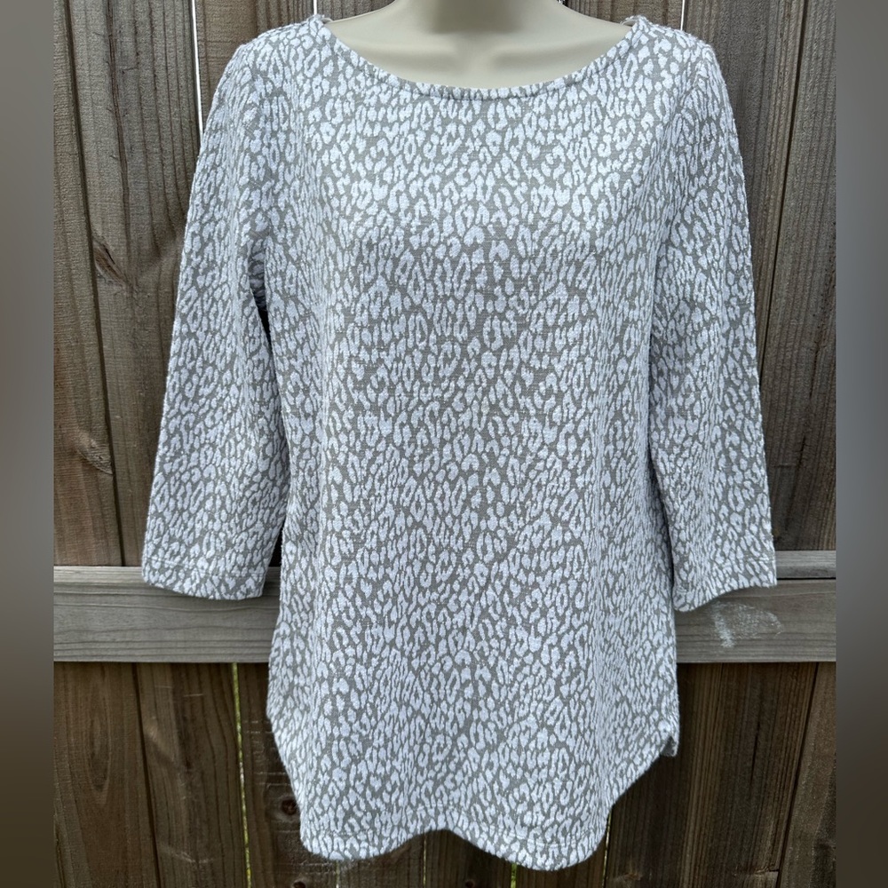 Talbots Women’s Gray Leopard Print 3/4 Sleeve Cotton Sweater - Size Small